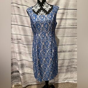 Adrianna Papell Blue and Beige Lace Fitted Bodycon Dress